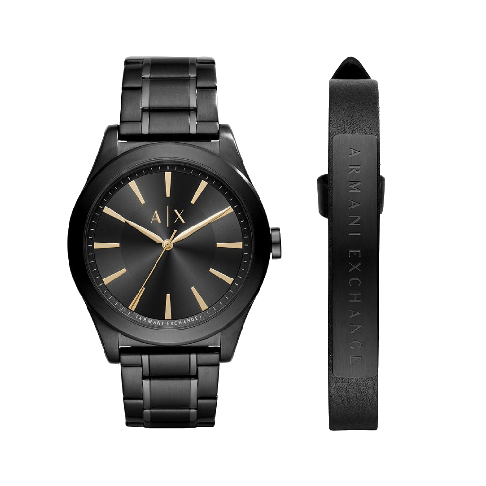 [MEN] Armani Exchange Three-Hand Black Stainless Steel Watch and Bracelet Gift Set [AX7102]