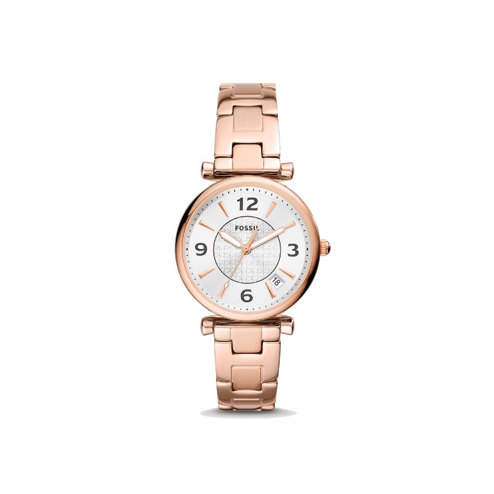 WOMEN Fossil Carlie Three Hand Date Rose Gold Tone Stainless Steel Watch ES5158