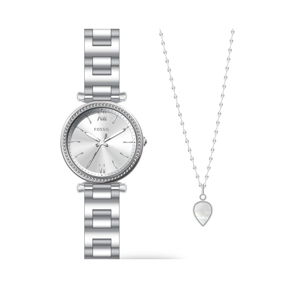 [WOMEN] Fossil Carlie Three-Hand Stainless Steel Watch and Necklace Set [ES5250SET]