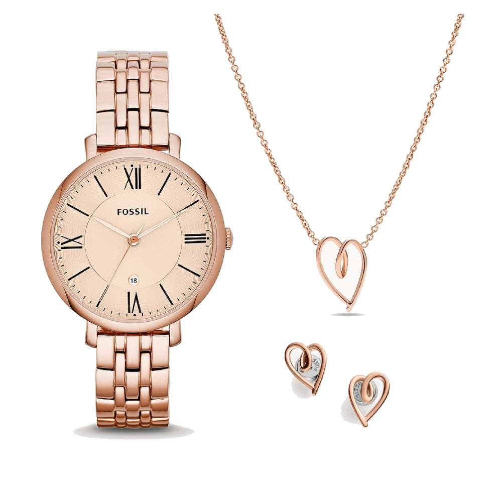 [WOMEN] Fossil Jacqueline Three-Hand Date Rose Gold-Tone Stainless Steel Watch and Jewellery Set [ES5252SET]