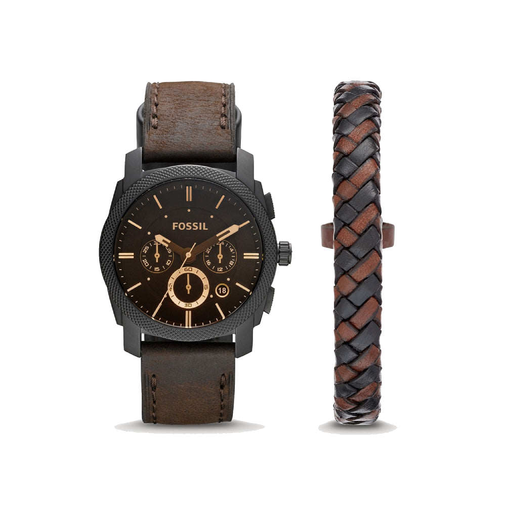 [MEN] Fossil Machine Chronograph Dark Brown Leather Watch and Bracelet Box Set [FS5251SET]