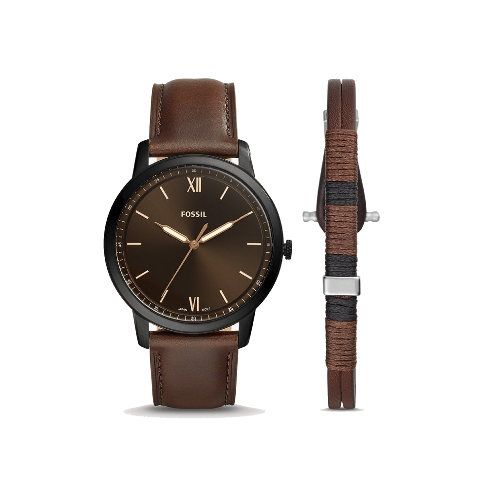 [MEN] Fossil Minimalist Three-Hand Brown Leather Watch and Bracelet Box Set [FS5557SET]