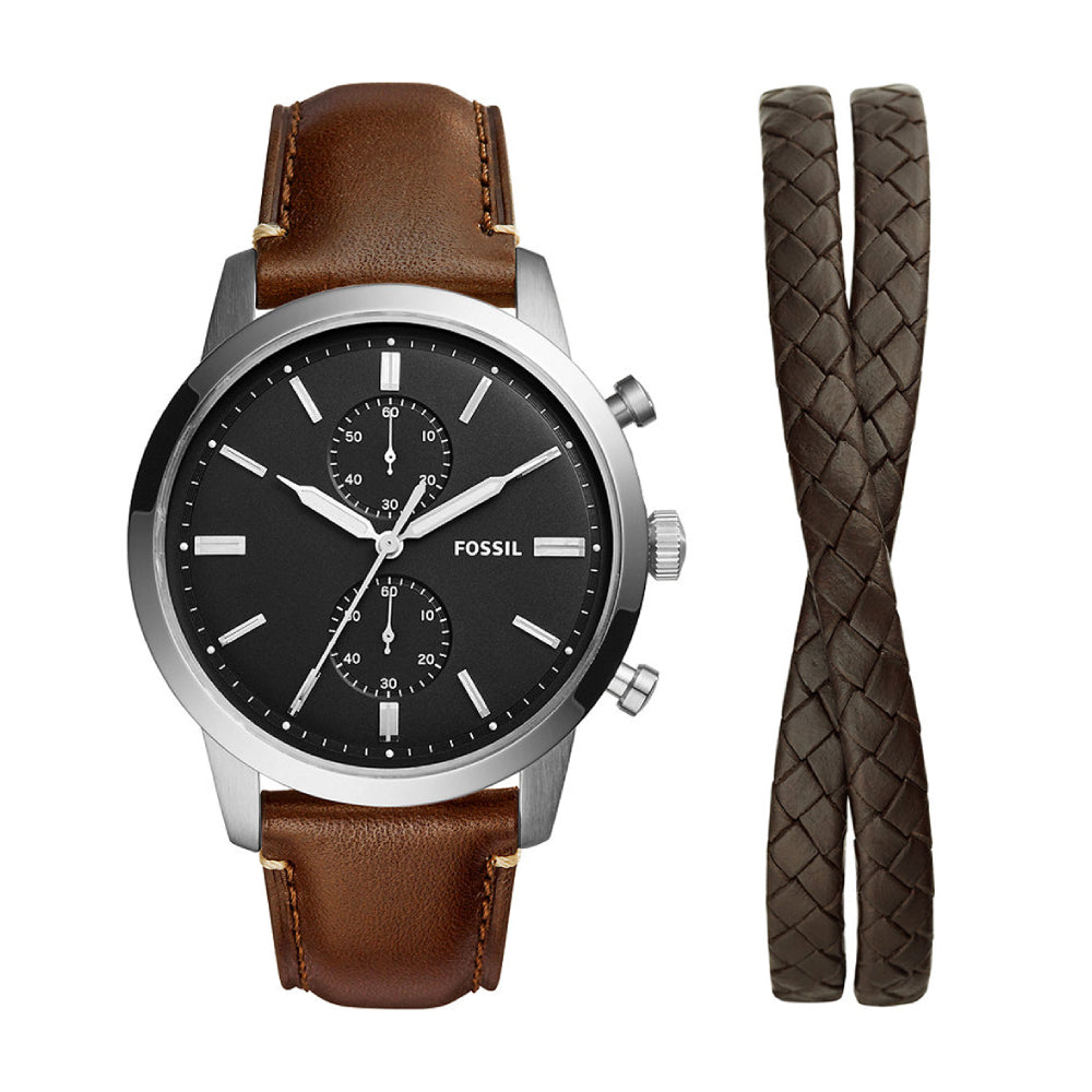 MEN Fossil Townsman Chronograph Brown Eco Leather Watch and Bracelet Set FS5967SET